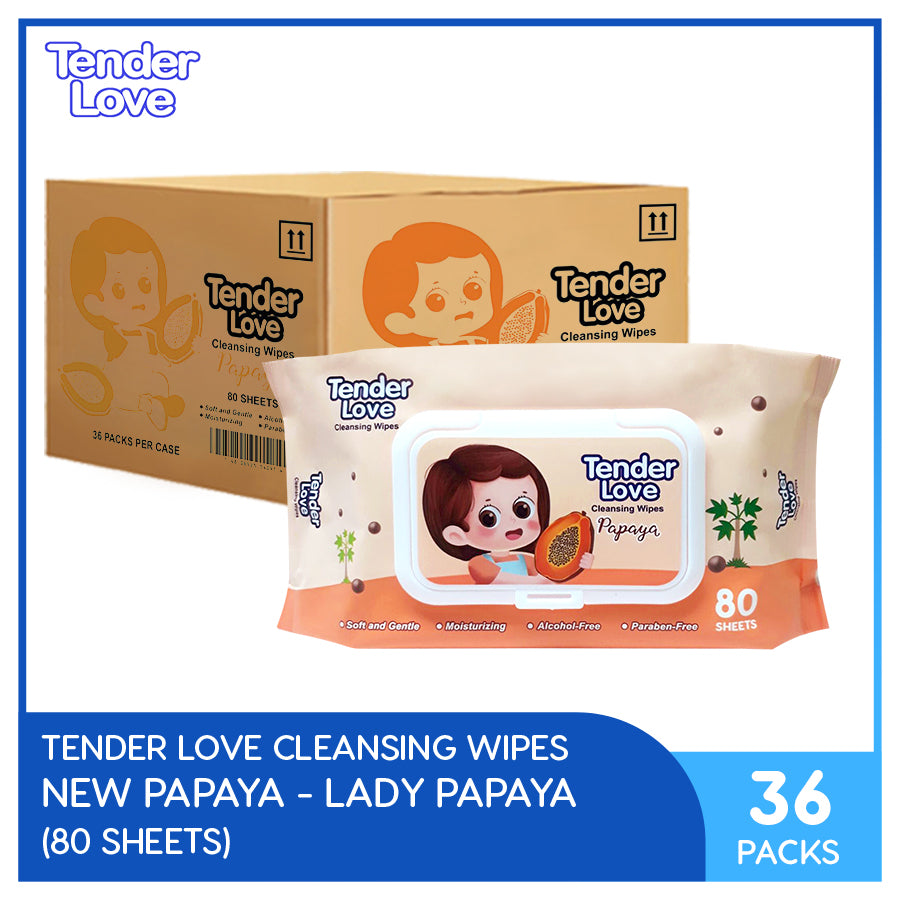 Tender Love New Papaya Scent Cleansing Wipes 80's (Lady Papaya) Pack of 36 (1 Case)