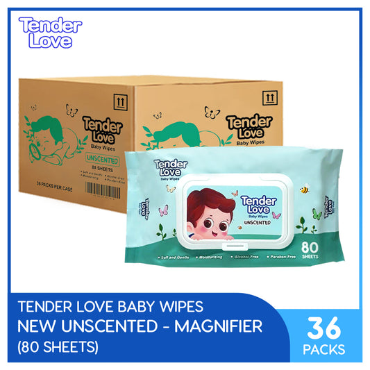 Tender Love New Unscented Baby Wipes (Magnifier) 80's Pack of 36 (1 Case)