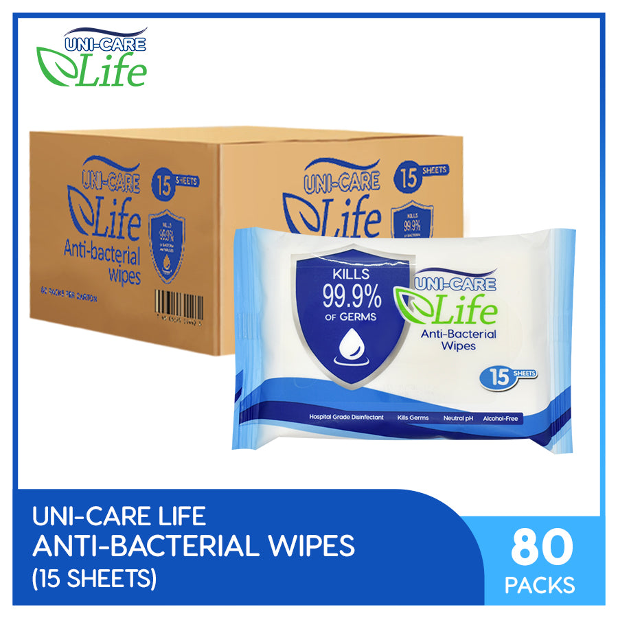 Uni-Care Life Anti-Bacterial Wipes 15's Pack of 80 (1 Case)