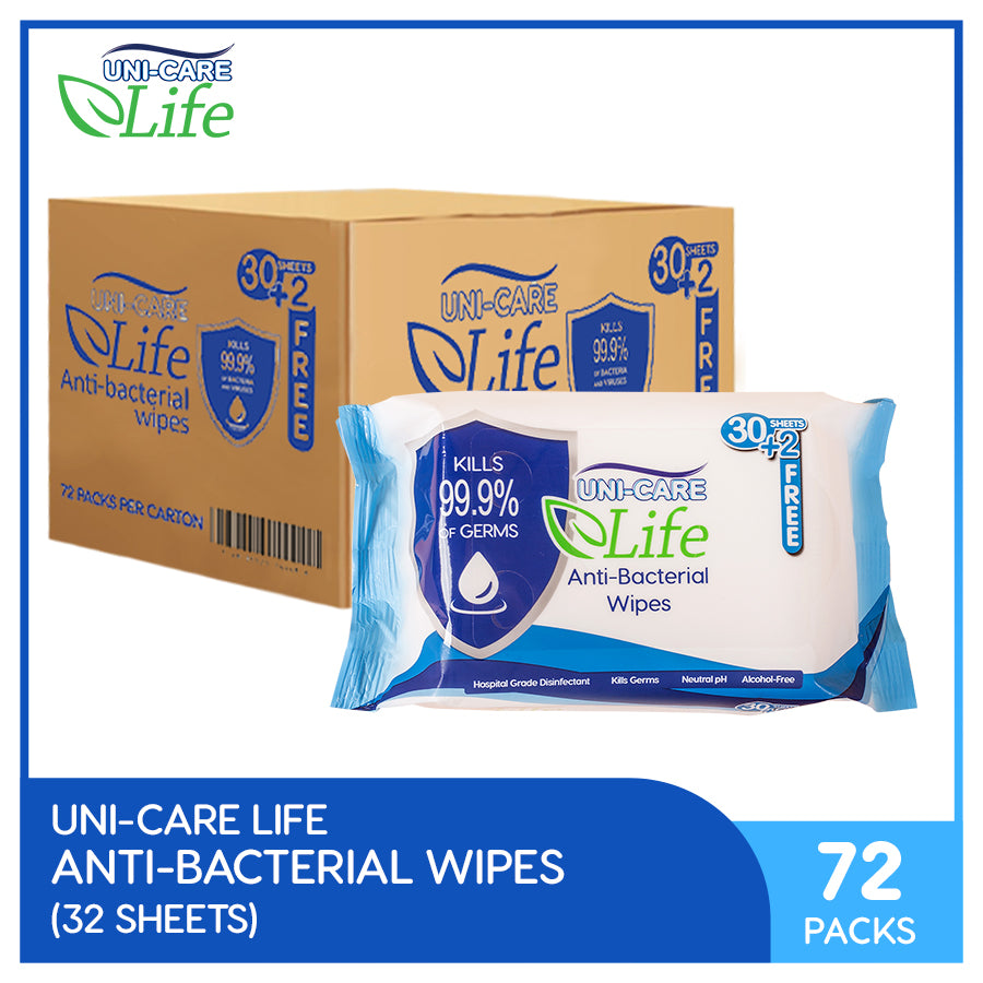 Uni-Care Life Anti-Bacterial Wipes 32's Pack of 72 (1 Case)