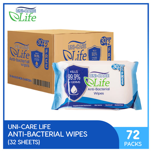 Uni-Care Life Anti-Bacterial Wipes 32's Pack of 72 (1 Case)