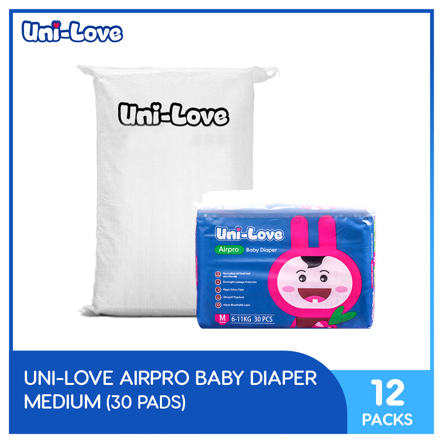 UniLove Airpro Baby Diaper 30's (Medium) Pack of 12 (1 Bale)