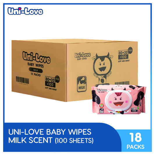 UniLove Milk Scent Baby Wipes 100's Pack of 18 (1 Case)