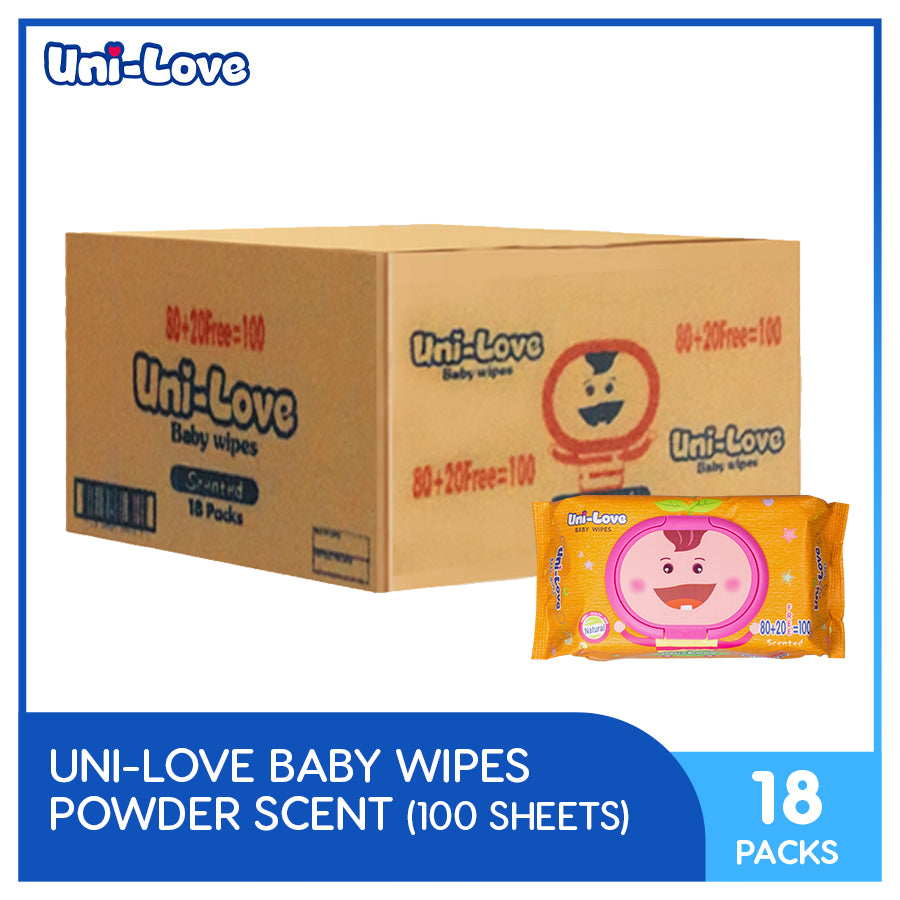 UniLove Powder Scent Baby Wipes 100's Pack of 18 (1 Case)