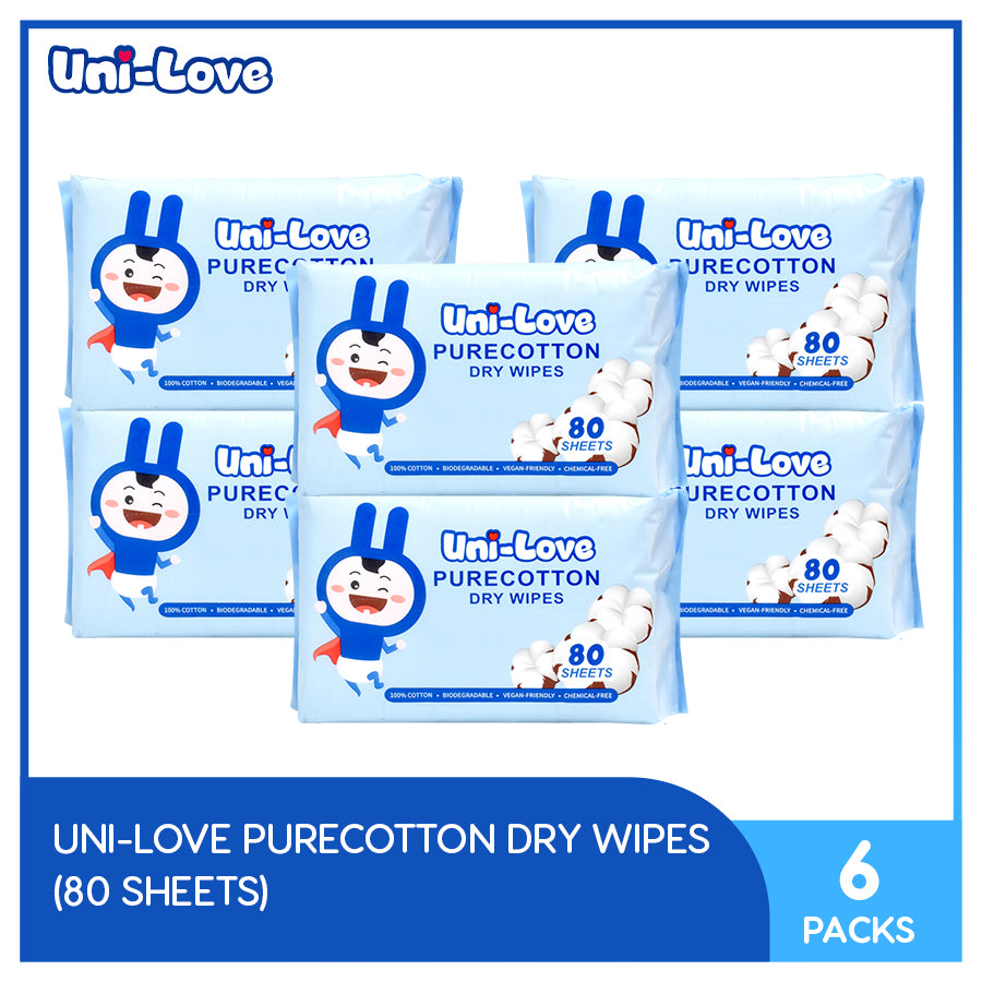 UniLove Purecotton Dry Wipes 80's Pack of 6