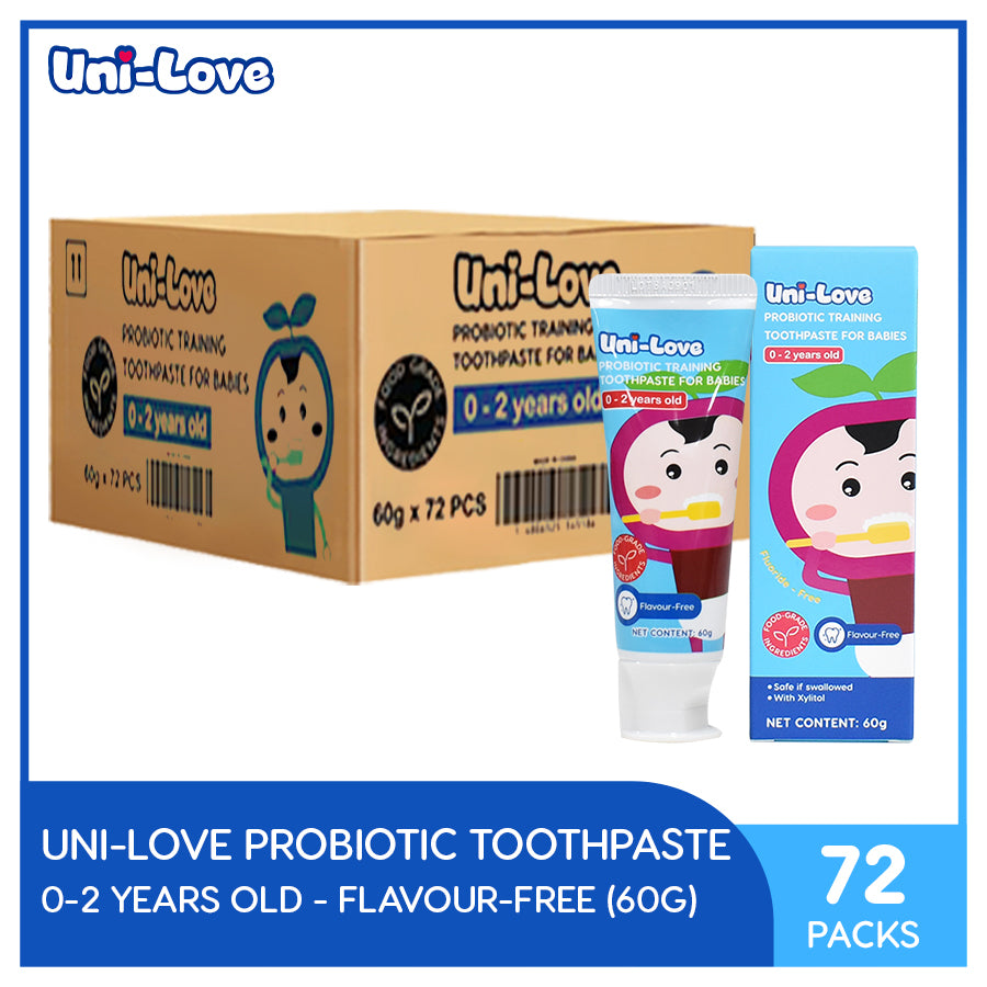 UniLove Probiotic Training Toothpaste - Flavour-Free (0-2 Years Old) 60g Pack of 72 (1 Case)